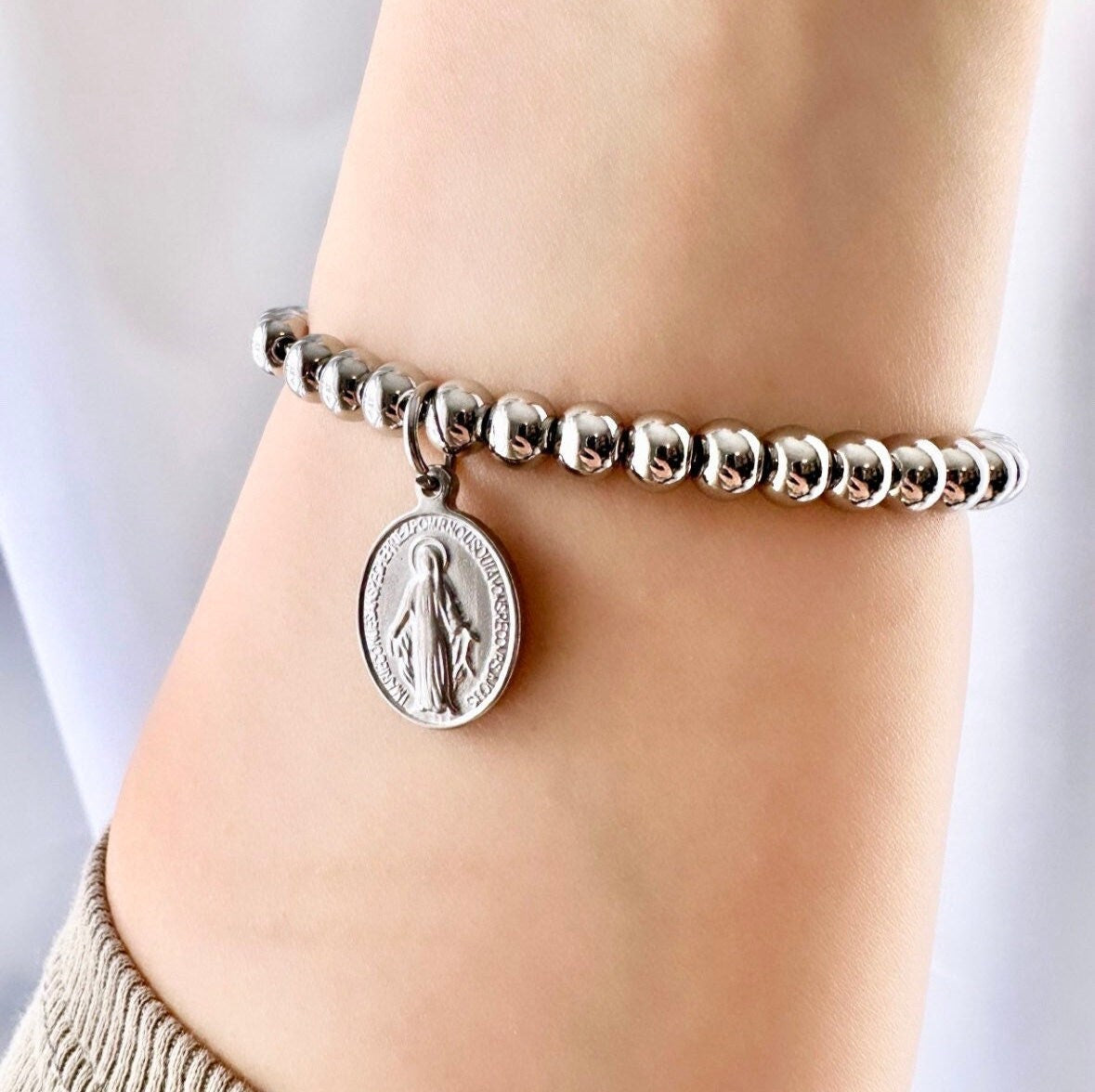 Silver Catholic Bracelet, Virgin Mary Bracelet, Baptism Bracelet For Goddaughter, Saint Medal Bracelet, Miraculous Medal Bracelet