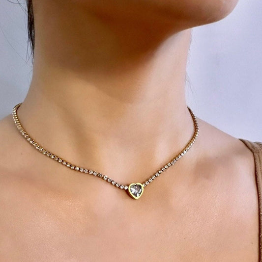 Heart Rhinestone Necklace, Tennis Heart Necklace, Tiny Heart Necklace, Rhinestone Chain Necklace, Anniversary Necklace For Her, Heart Choker