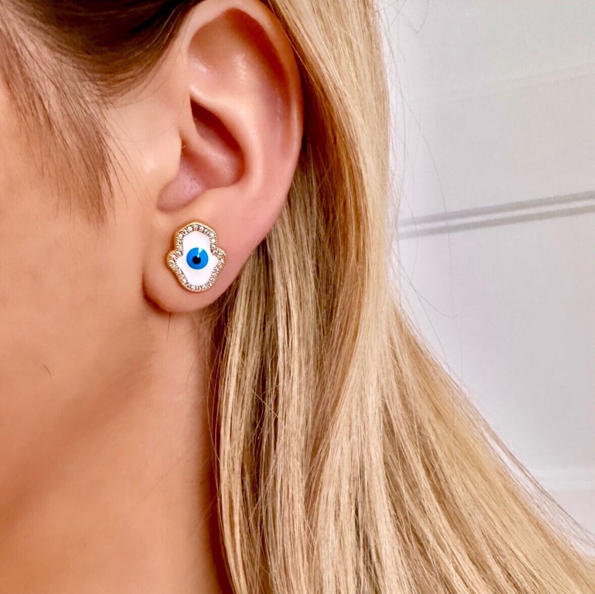 Hamsa Stud Earrings, Evil Eye Stud Earrings, Hamsa Hand Earring, Evil Eye Protection Jewelry, Hamsa Hand Evil Eye, Blue Evil Eye Earrings