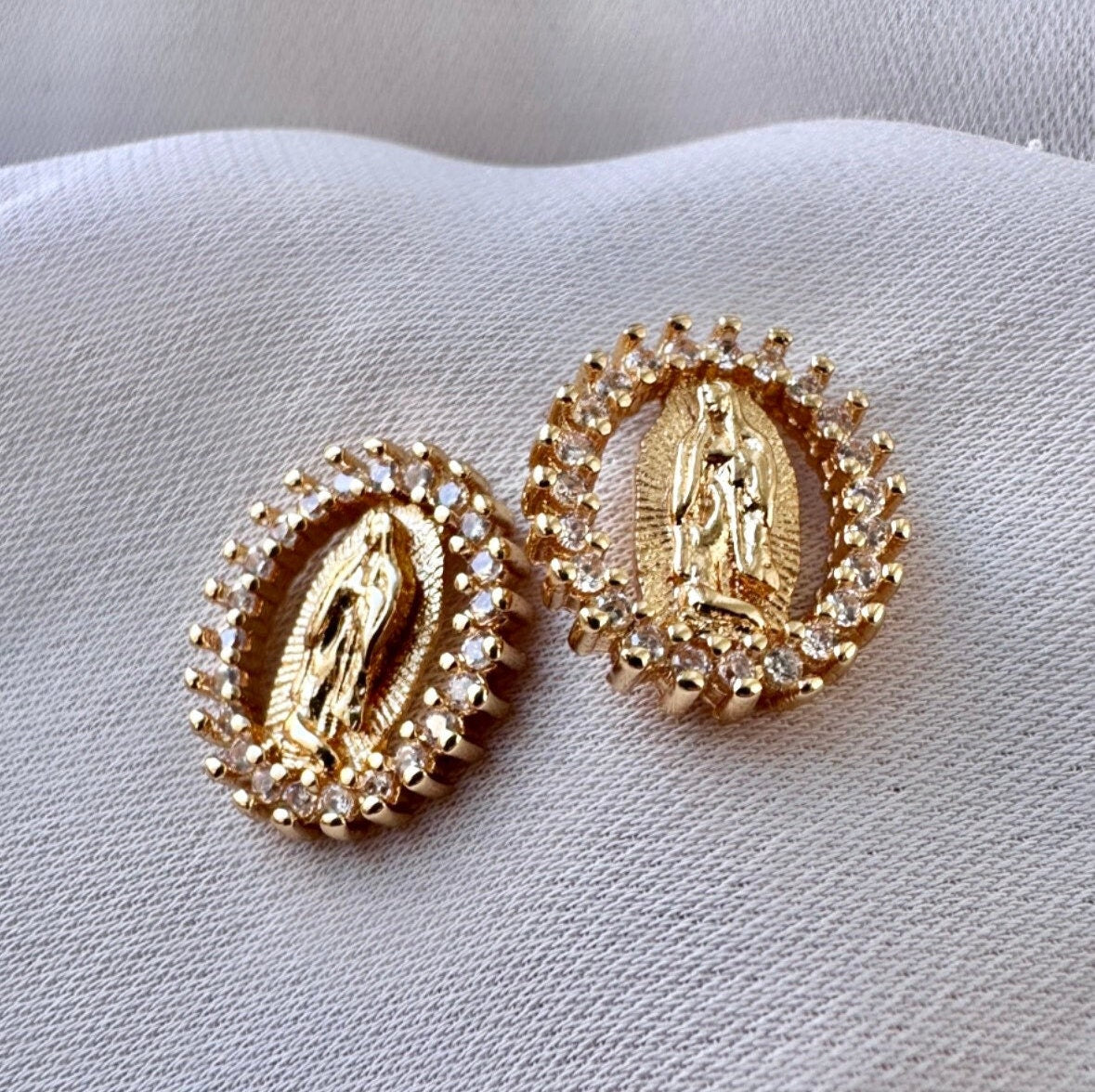 Saint Earrings, Miraculous Medal Earrings, Women Stud Earrings, Virgin Mary Earrings, Small Cubic Zirconia Studs, 18K Gold FIlled Studs