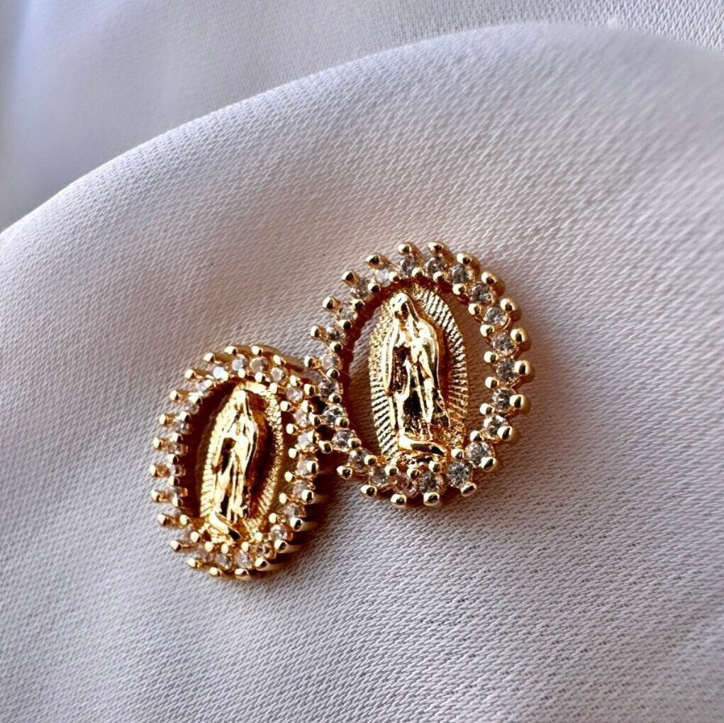 Saint Earrings, Miraculous Medal Earrings, Women Stud Earrings, Virgin Mary Earrings, Small Cubic Zirconia Studs, 18K Gold FIlled Studs