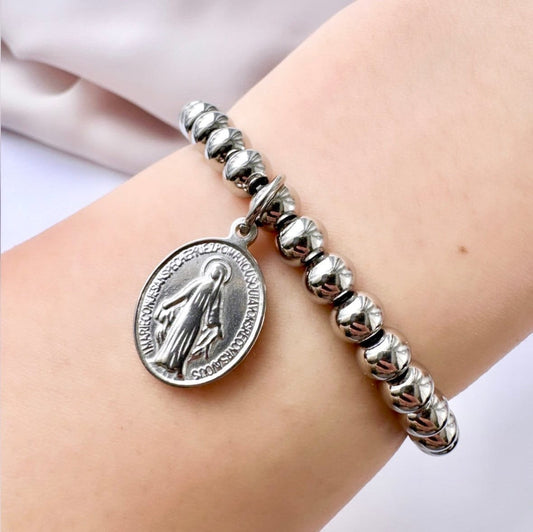 Silver Catholic Bracelet, Virgin Mary Bracelet, Baptism Bracelet For Goddaughter, Saint Medal Bracelet, Miraculous Medal Bracelet