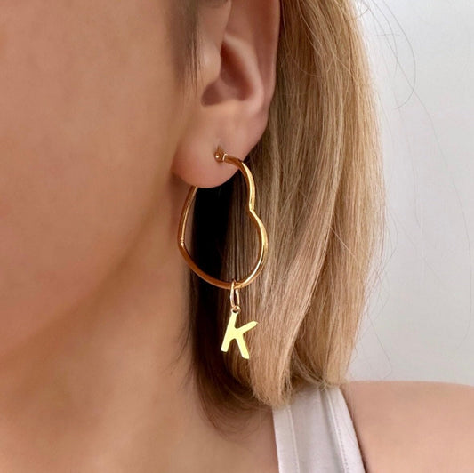 Custom Hoop Earrings, Heart Hoop Earrings Gold, Letter Dangle Earrings, Custom Letter Earrings, Gold Initial Earrings, Gold Letter Earring,