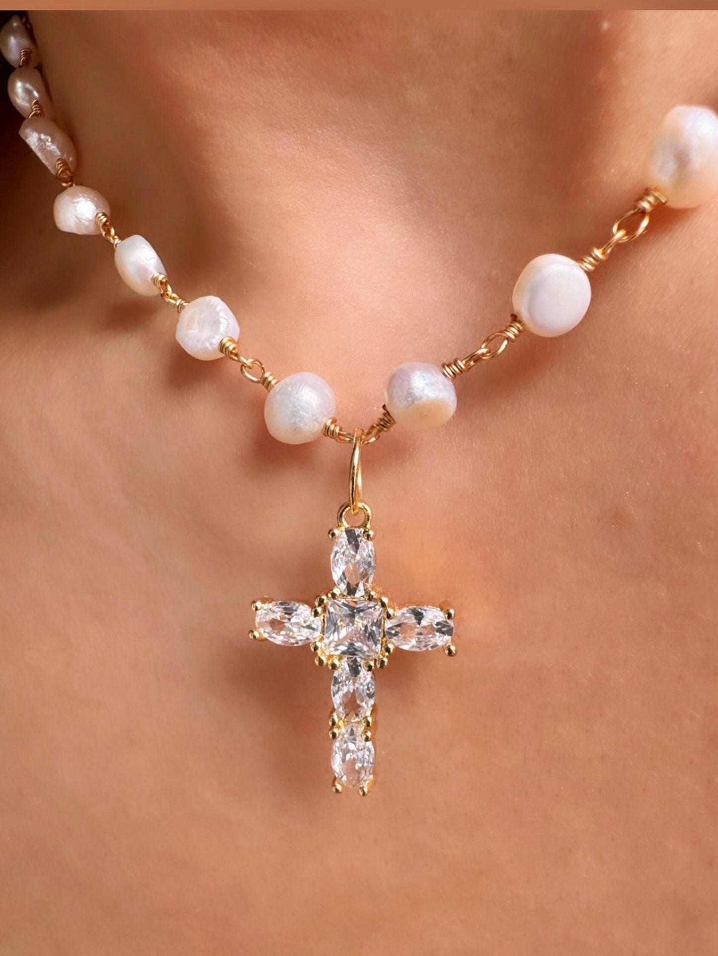 Freshwater Pearl Cross Necklace - Statement Cross Pearl Necklace - Pearl Bead Cross Necklace, Gold Filled CZ Cross Pendant, CZ Cross Pendant