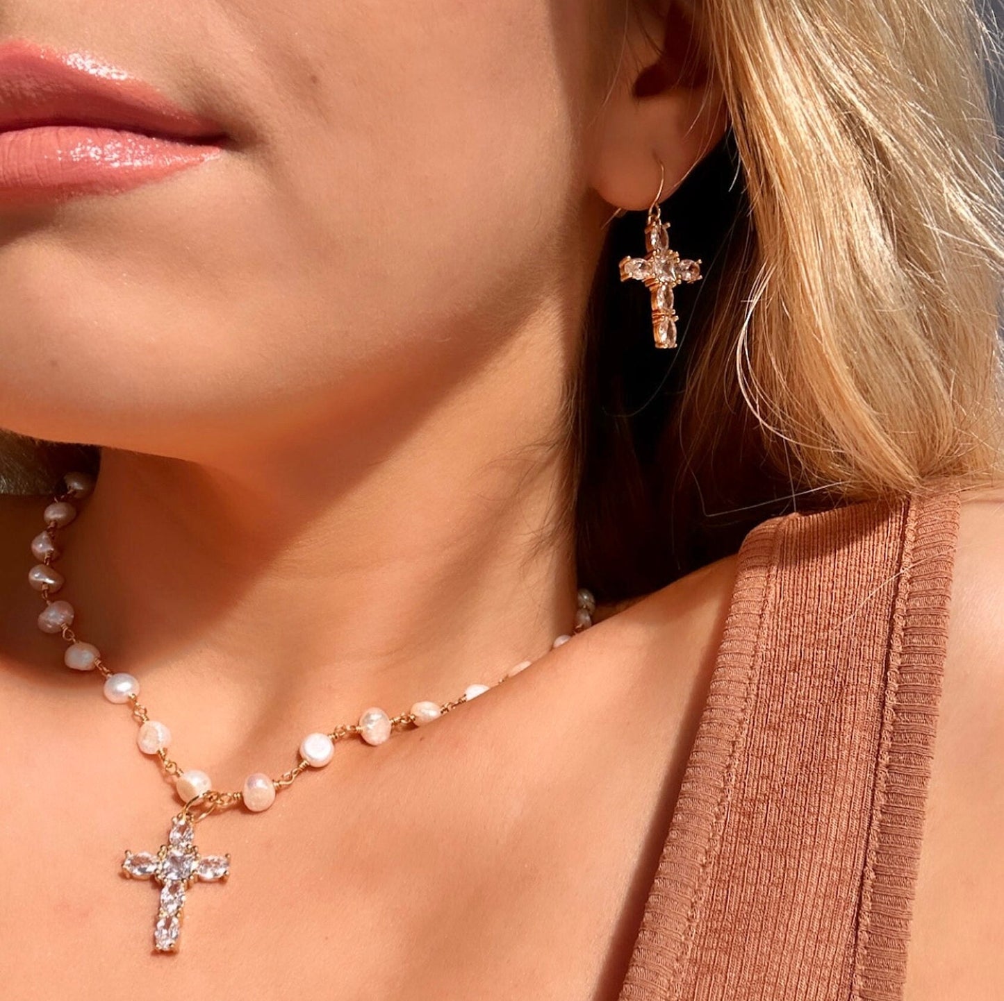 Freshwater Pearl Cross Necklace - Statement Cross Pearl Necklace - Pearl Bead Cross Necklace, Gold Filled CZ Cross Pendant, CZ Cross Pendant