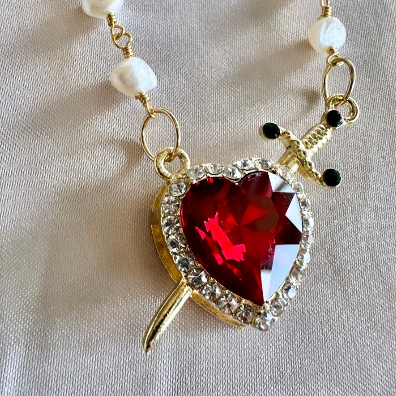 Pierced Heart Necklace, Red Heart Pearl Necklace, Goth Heart Necklace, Renaissance Pearl Pendant, Medieval Necklace, Valentine's Day Jewelry