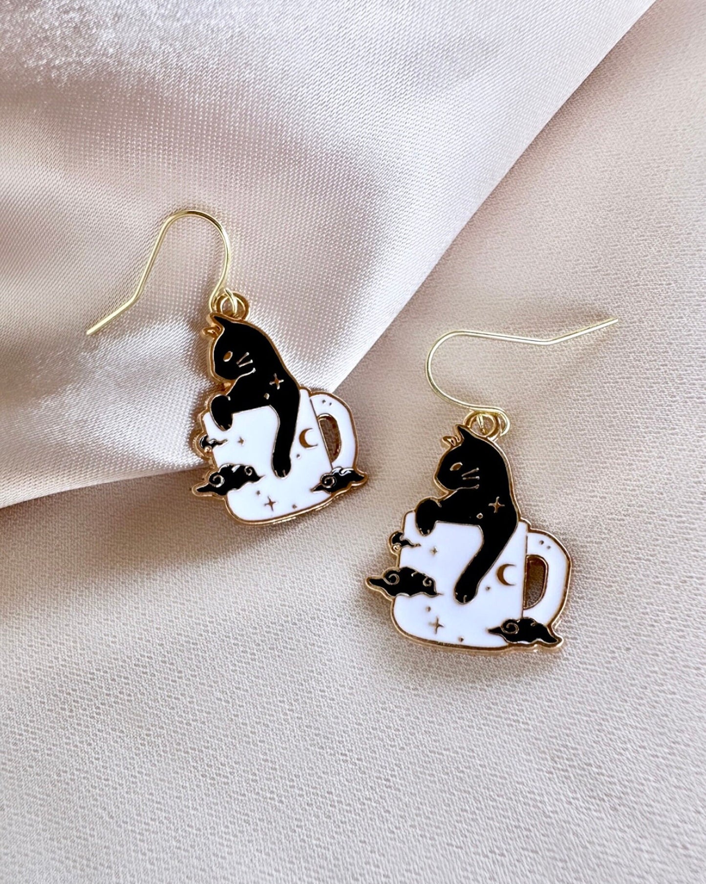 Halloween Black Cat Dangle Earrings, Coffee Mug Earrings, Witchy Celestial Earrings, Black Cat Jewelry Gift For Cat Lover