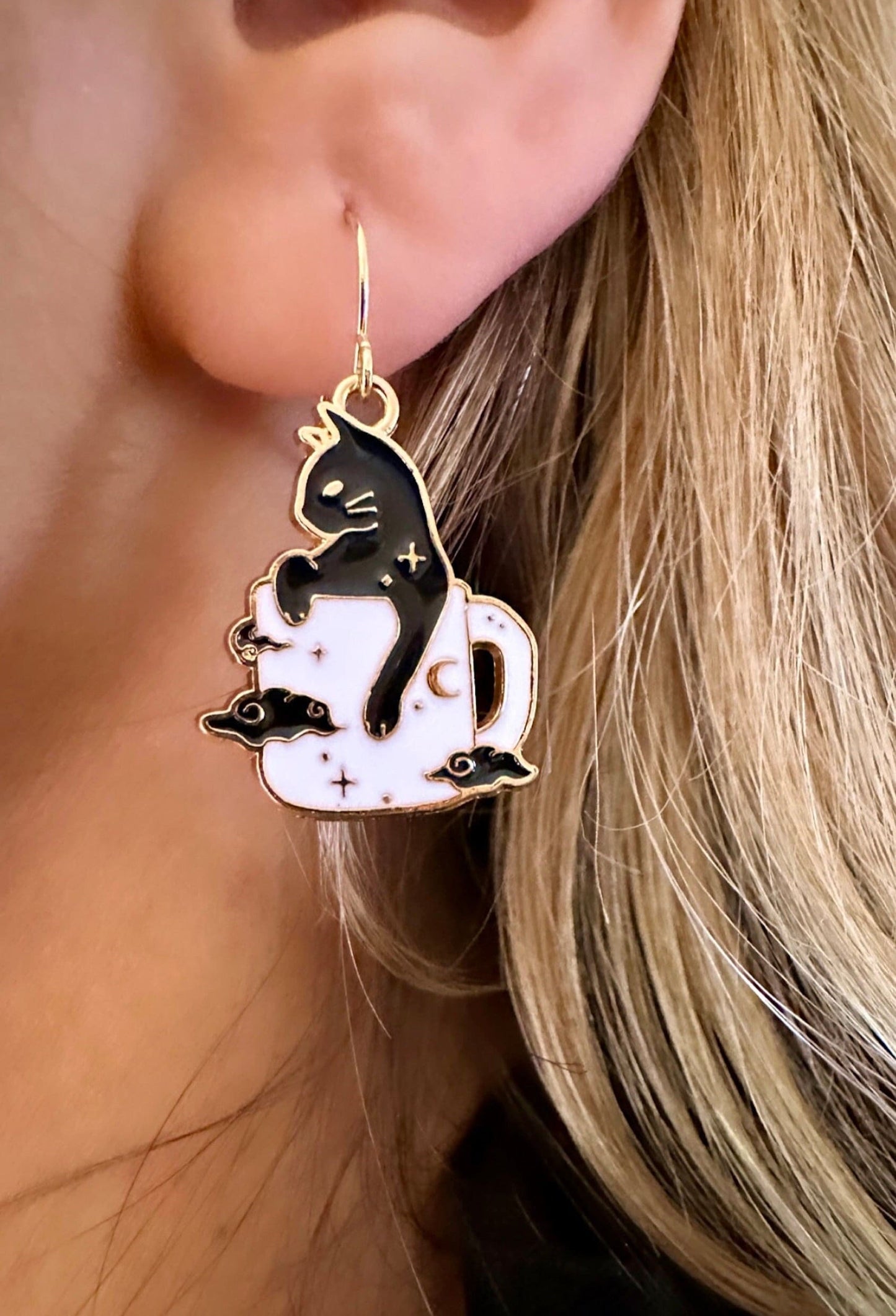 Halloween Black Cat Dangle Earrings, Coffee Mug Earrings, Witchy Celestial Earrings, Black Cat Jewelry Gift For Cat Lover