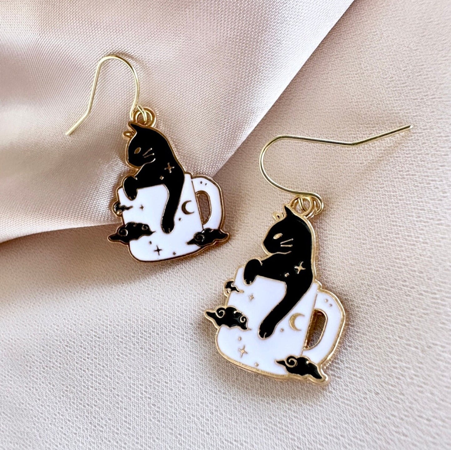 Halloween Black Cat Dangle Earrings, Coffee Mug Earrings, Witchy Celestial Earrings, Black Cat Jewelry Gift For Cat Lover