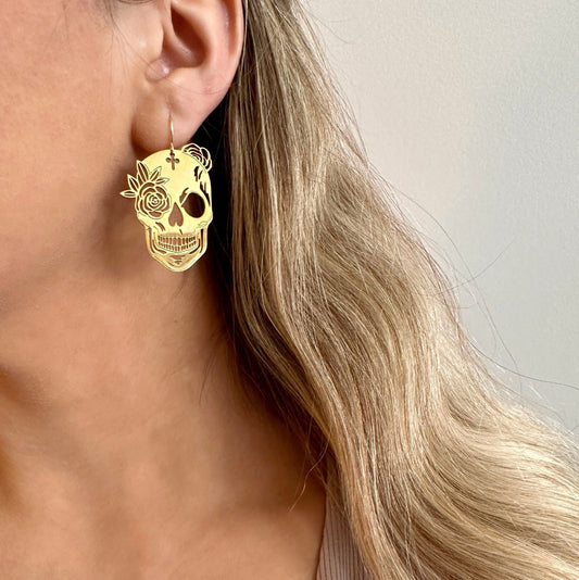 Gold Skull Earrings, Halloween Skull Earrings, Dia De Los Muertos Earrings, Sugar Skull Earrings, Skeleton Earrings Stainless Steel Earrings