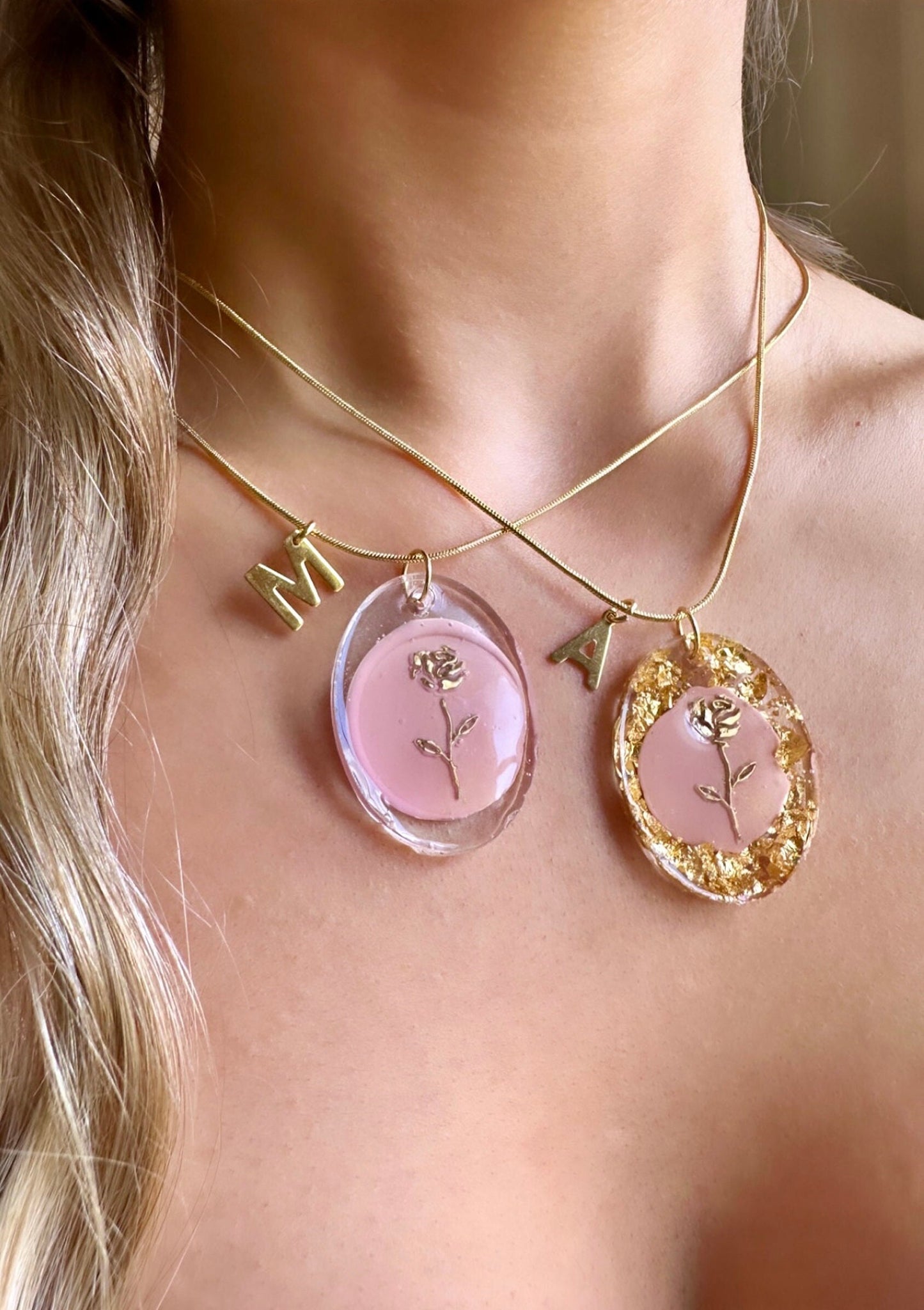 Preserved Rose Necklace, Custom Gold Letter Necklace, Jewelry Set, Gold Rose Necklace, Resin Rose Necklace, Custom Valentine's Day Gifts