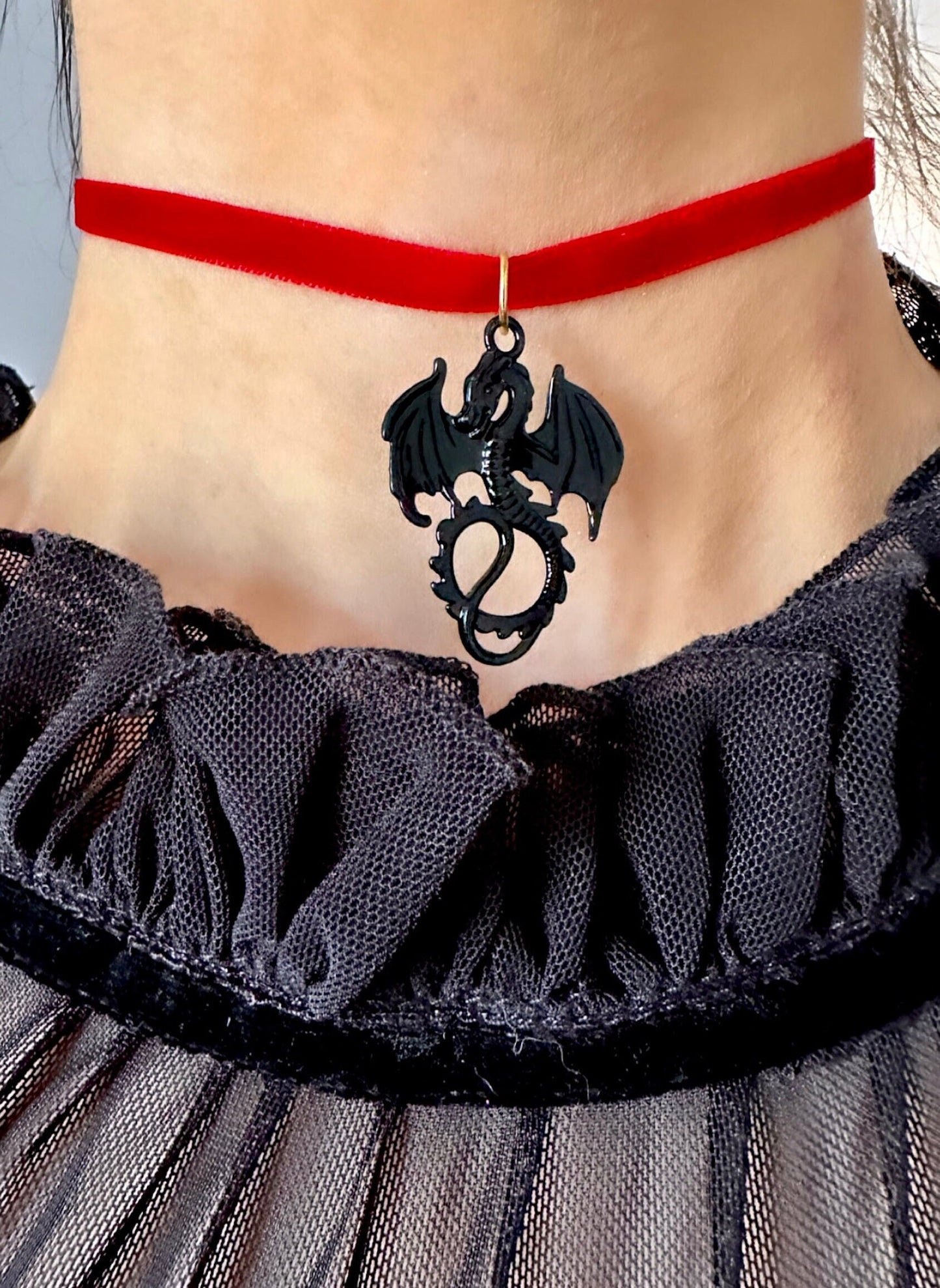 Black Dragon Necklace, Medieval Choker, Dragon Choker, Renaissance Necklace, Dragon Necklace For Women, Red Velvet Choker Year Of The Dragon