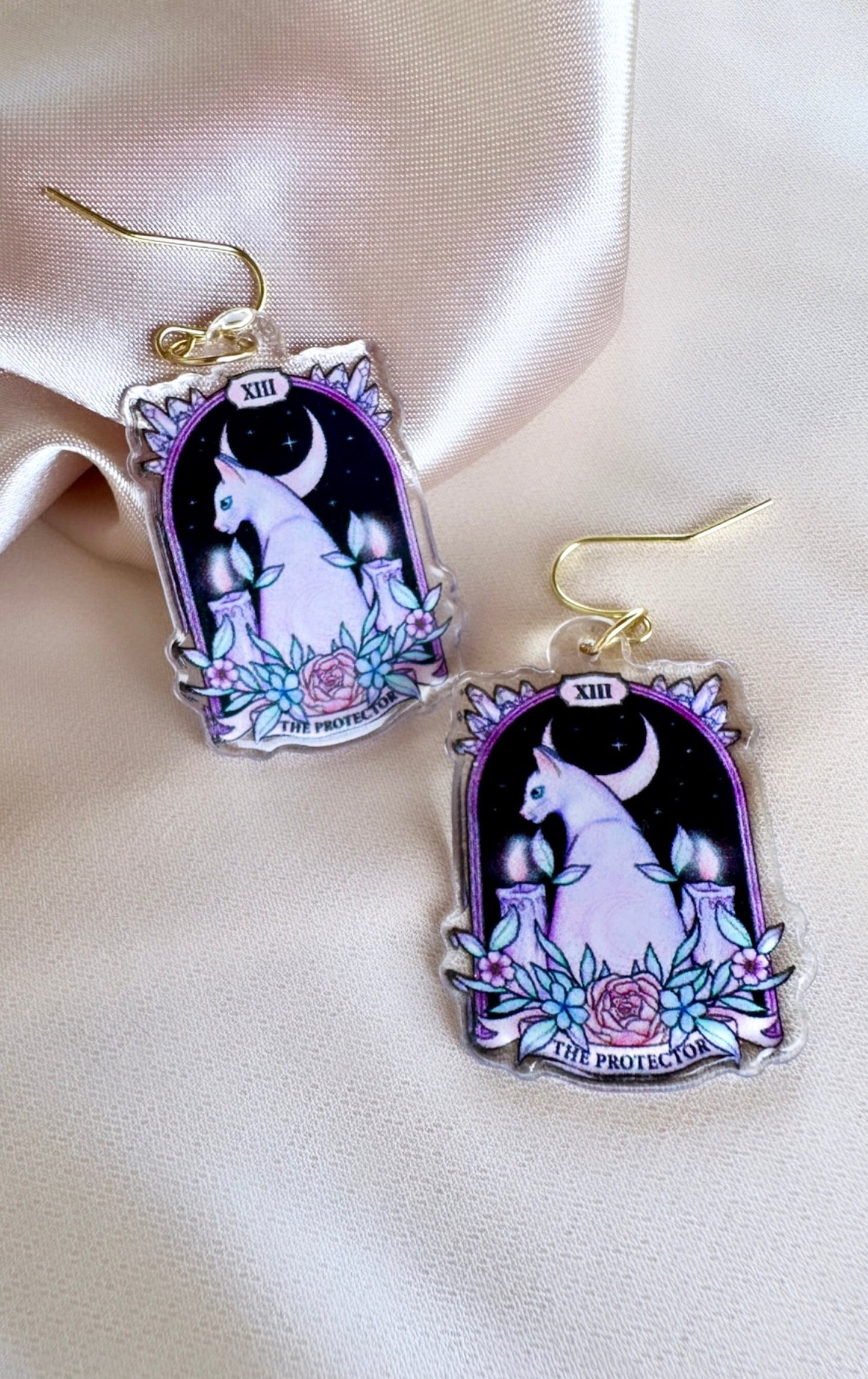 Cat Moon Earrings, Tarot Card Earrings, Celestial Cat Earrings, Tarot Earrings Moon, Cat Tarot Earrings, White Cat Earrings Moon Cat Earring