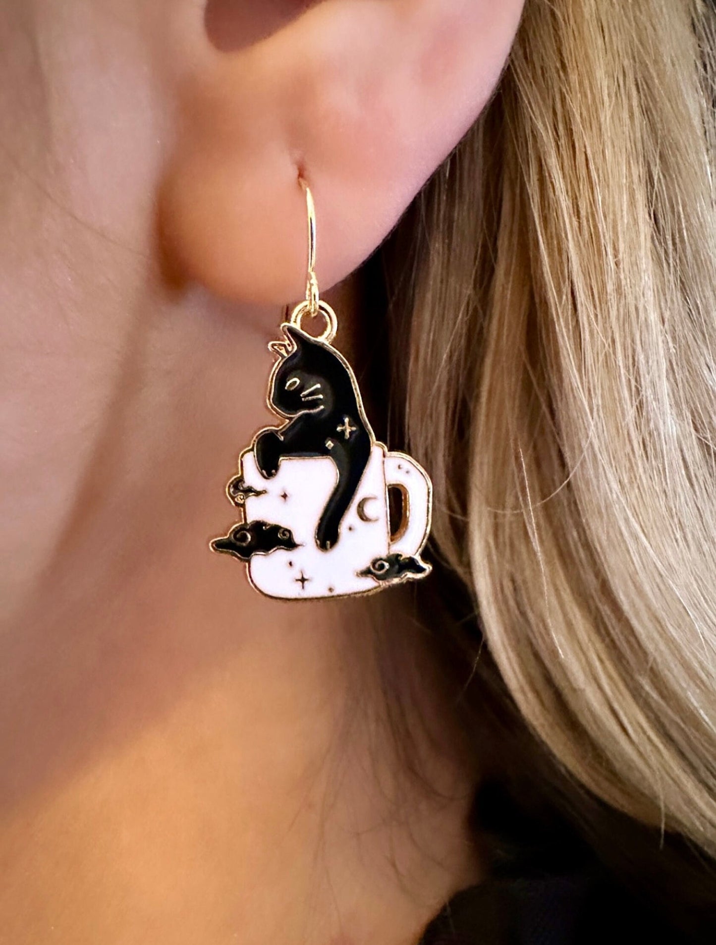 Black Cat Earrings, Coffee Earrings, Cat Dangle Earrings, Witchy Earrings, Cute Cat Earrings