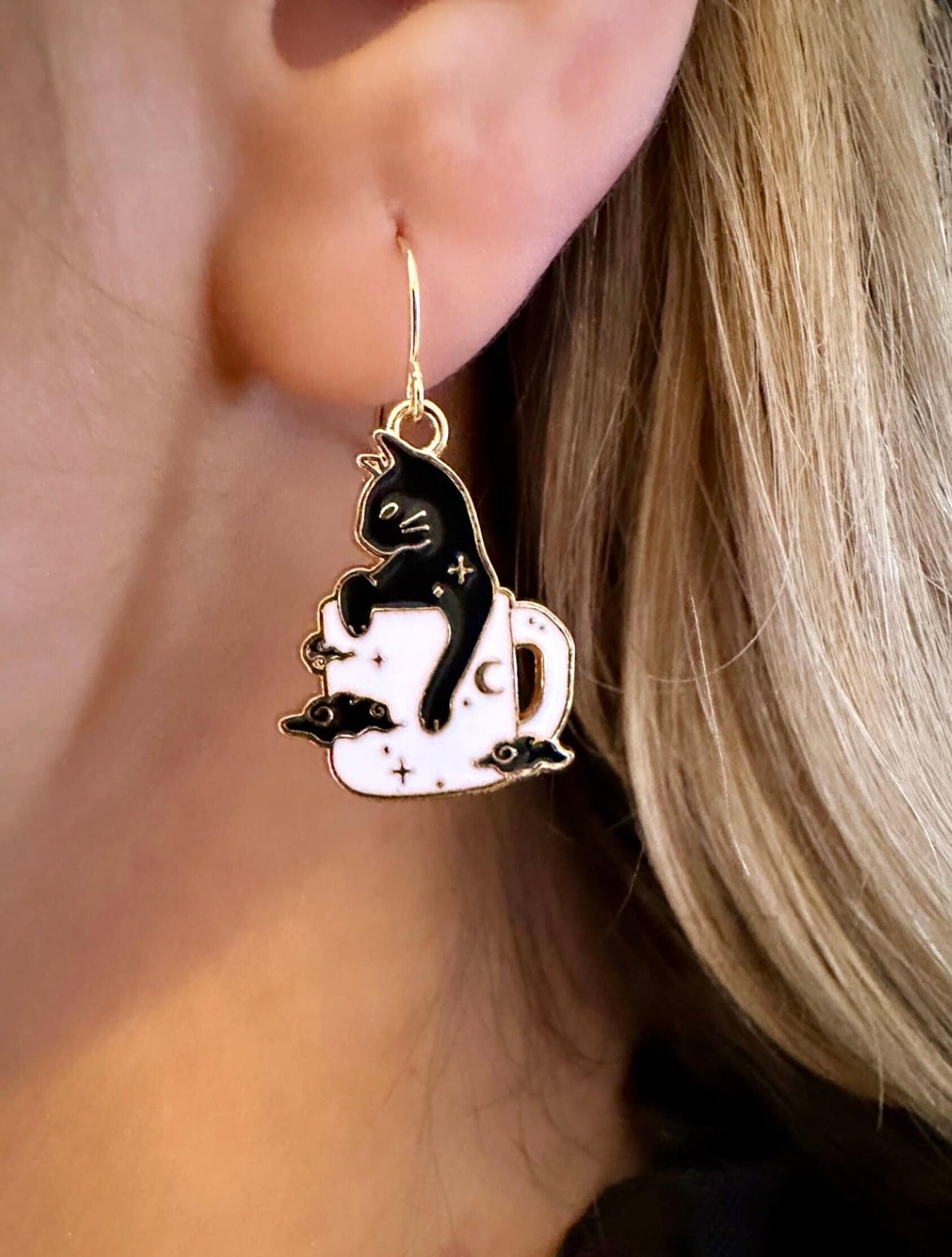 Halloween Black Cat Dangle Earrings, Coffee Mug Earrings, Witchy Celestial Earrings, Black Cat Jewelry Gift For Cat Lover