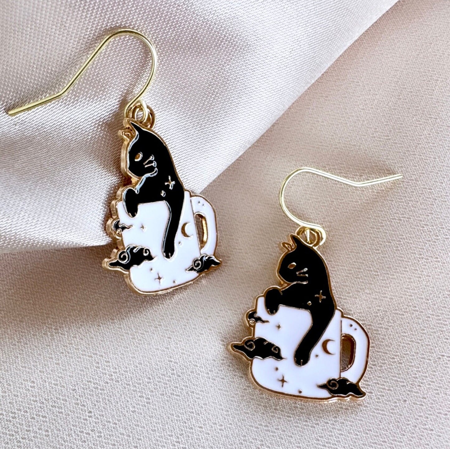 Halloween Black Cat Dangle Earrings, Coffee Mug Earrings, Witchy Celestial Earrings, Black Cat Jewelry Gift For Cat Lover