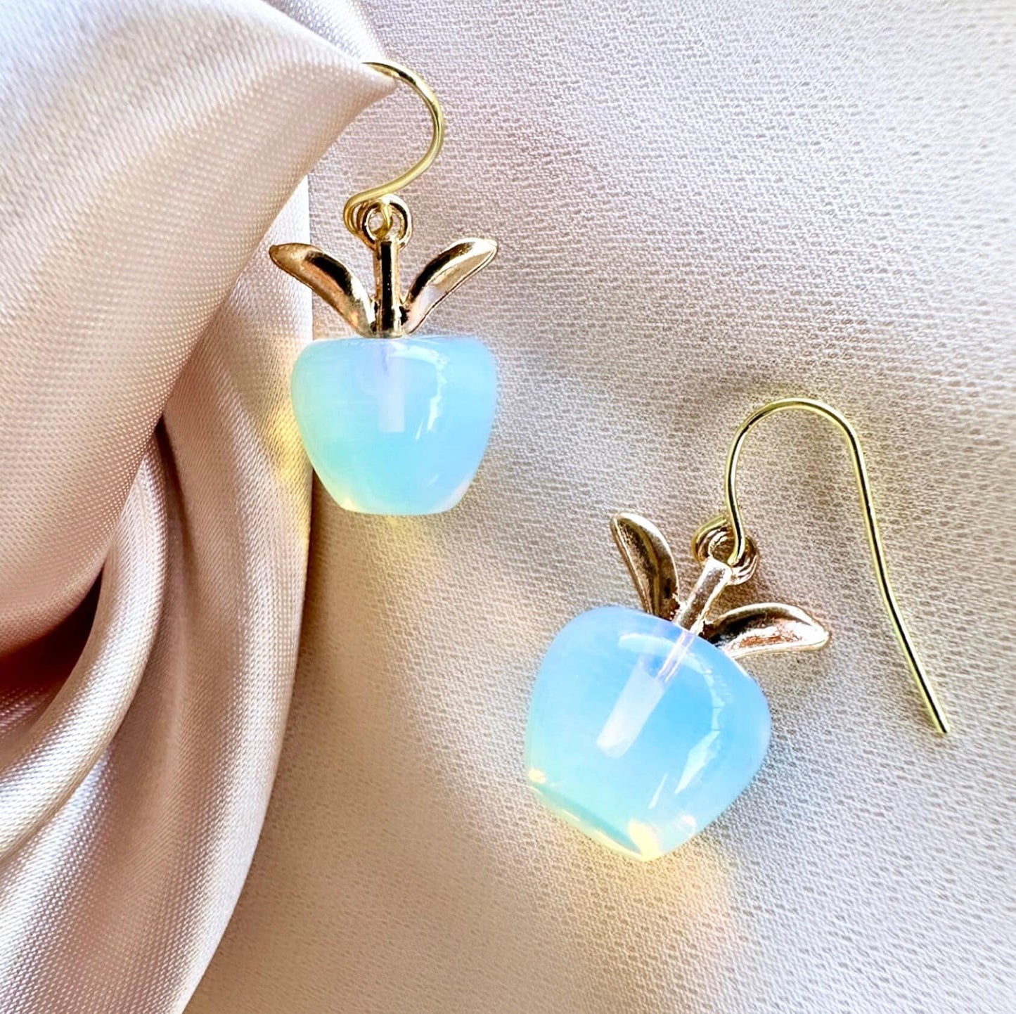 Teacher Earrings, Gold Apple Earrings, Apple Teacher Gift, Apple Jewelry, Moonstone Dangle Earrings, End Of Year Teacher Gift, Fruit Earring