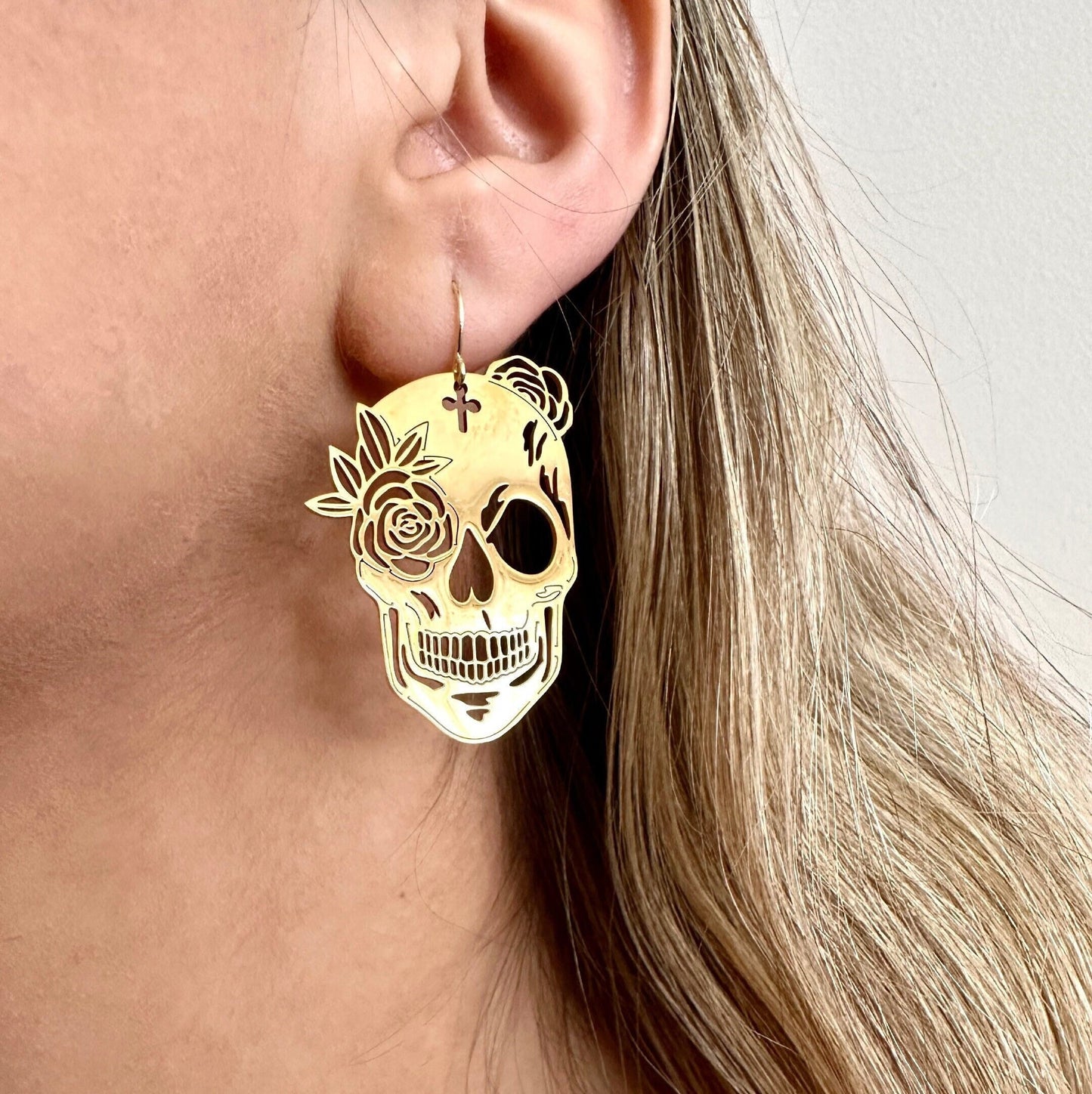 Gold Skull Earrings, Halloween Skull Earrings, Dia De Los Muertos Earrings, Sugar Skull Earrings, Skeleton Earrings Stainless Steel Earrings