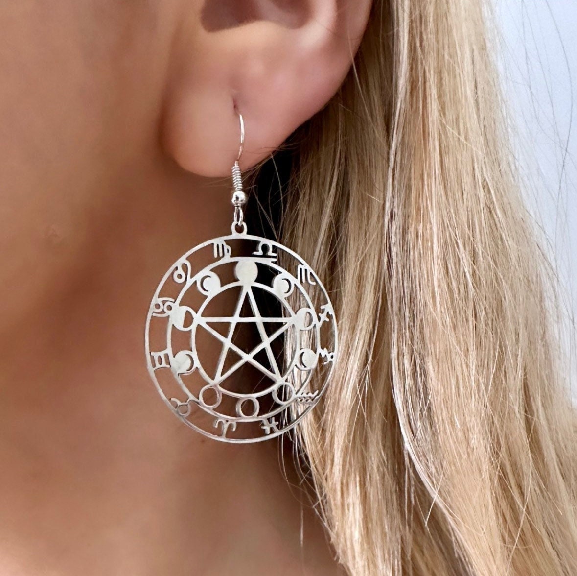 Silver Star Earrings, Pentacle Earrings, Silver Witchy Earrings, Moon Phase Earrings, Zodiac Earrings, Pentagram Earrings Celestial Earrings