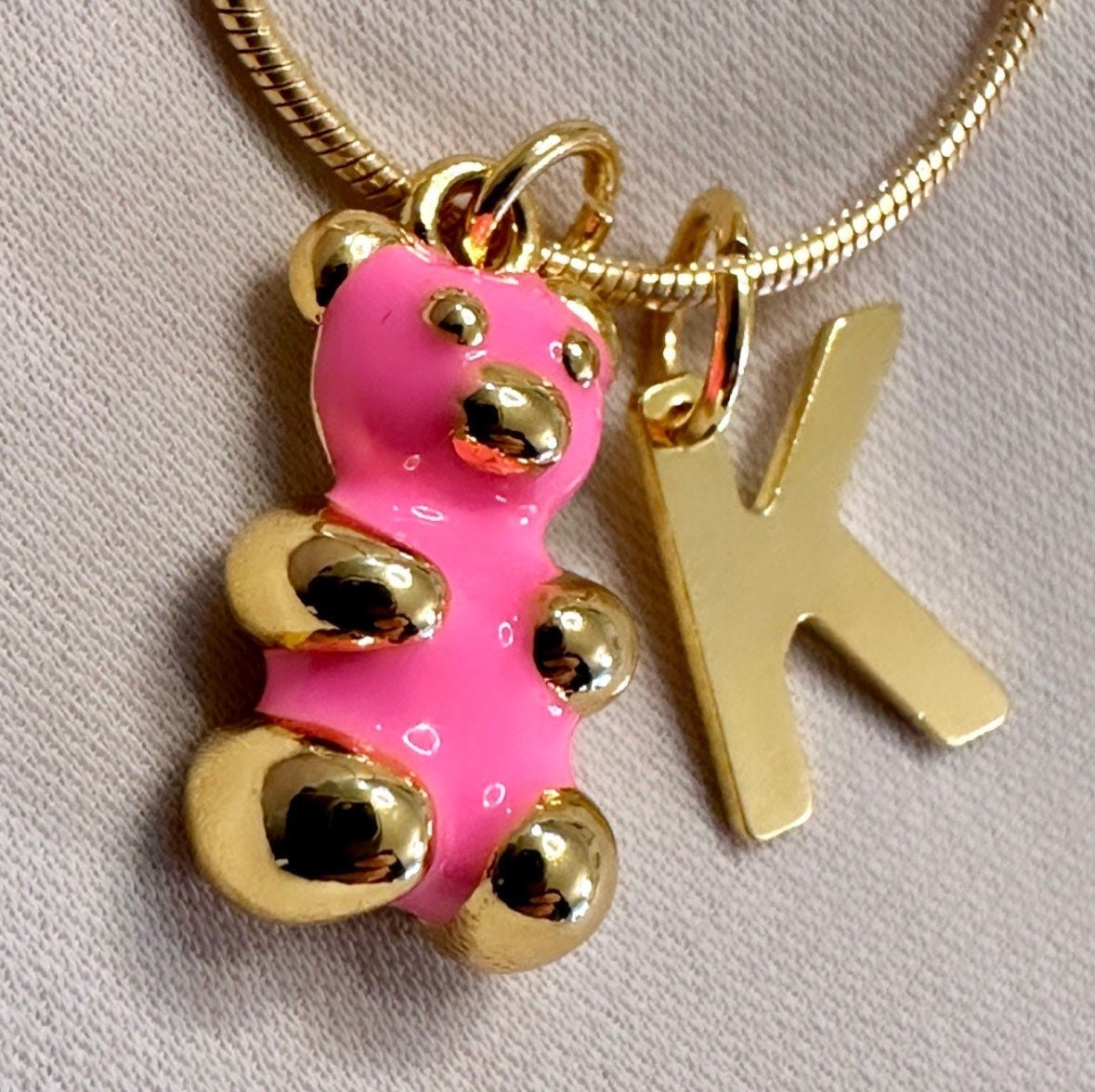 Gummy Bear Necklace, 18K Gold Letter Pendant, Teddy Bear Necklace Gold, Custom Initial Necklace, New Mom Necklace, Baby Shower Necklace