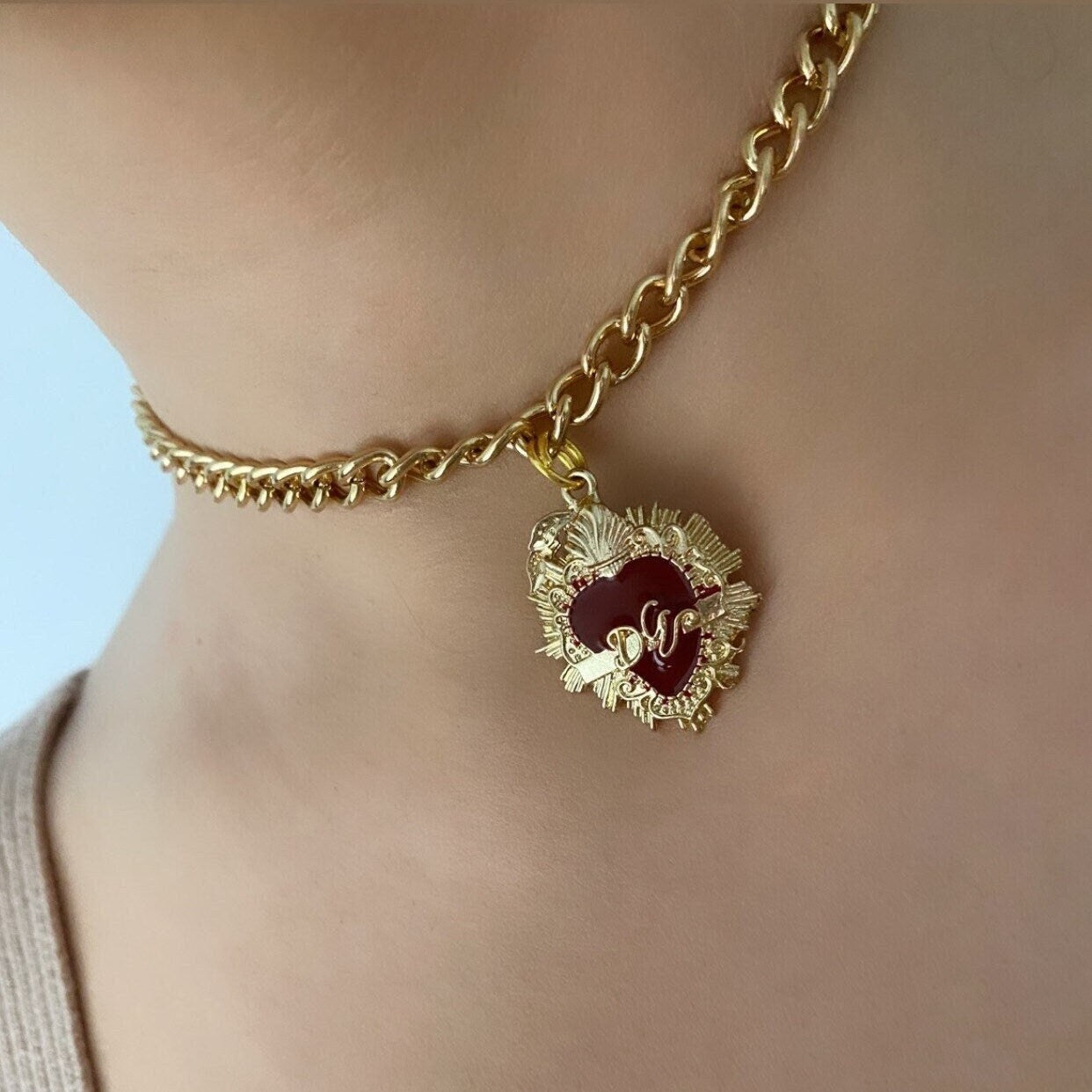 Red And Gold Sacred Heart Choker Necklace, Thick Gold Chain Choker Necklace, Mexican Heart Necklace, Religious Choker Necklace, Jesus Heart