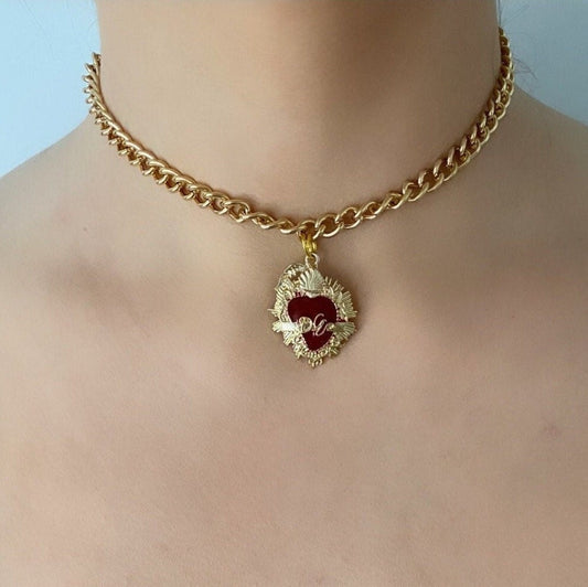 Red And Gold Sacred Heart Choker Necklace, Thick Gold Chain Choker Necklace, Mexican Heart Necklace, Religious Choker Necklace, Jesus Heart