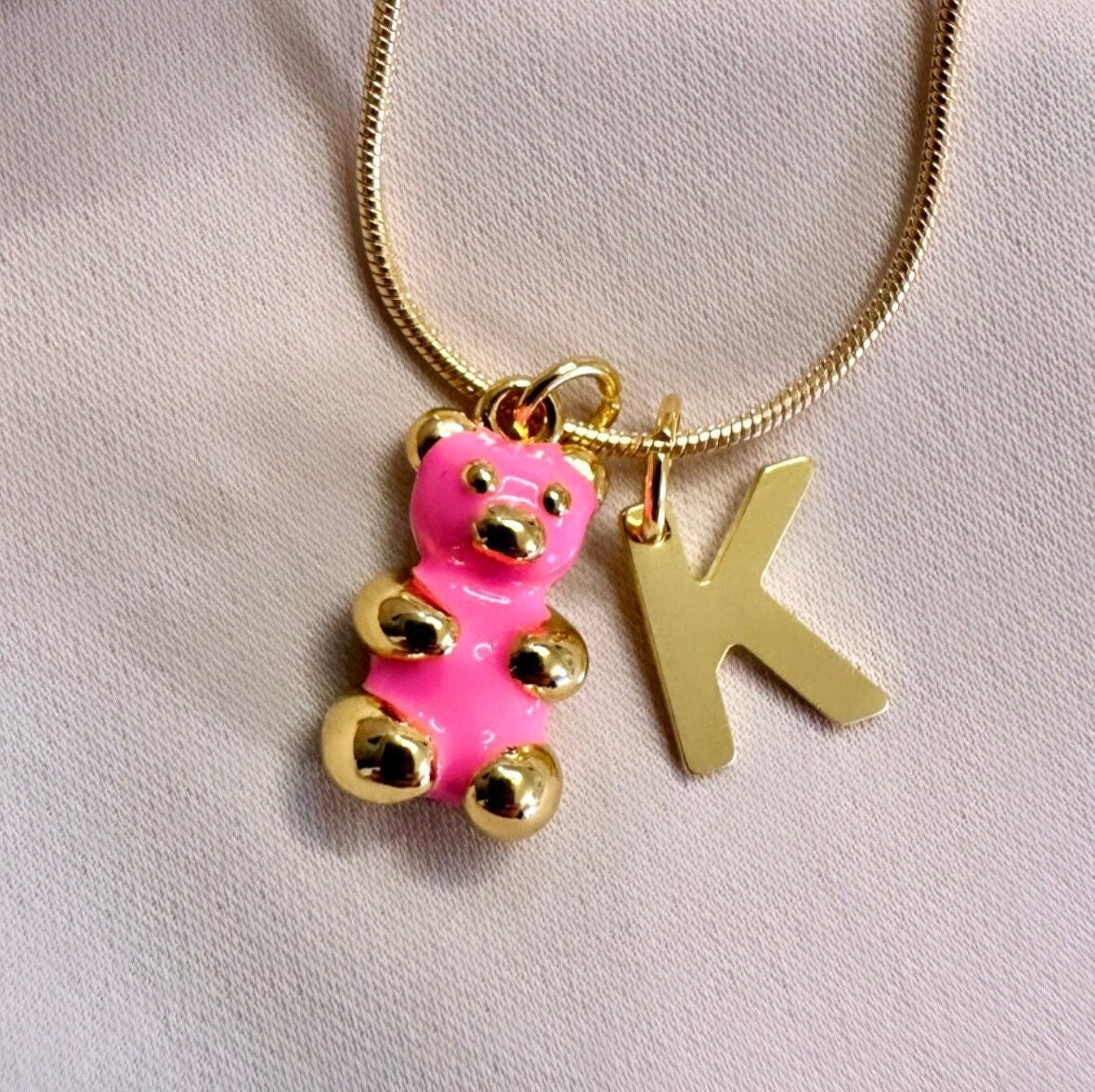 Gummy Bear Necklace, 18K Gold Letter Pendant, Teddy Bear Necklace Gold, Custom Initial Necklace, New Mom Necklace, Baby Shower Necklace