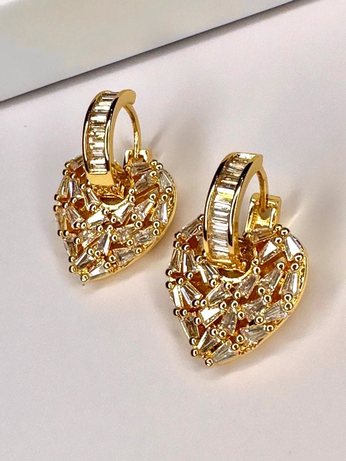 Gold Filled Heart Earrings, Valentine's Earrings, Cz Heart Earrings, Valentine's Day Earrings, Baguette Hoop Earrings, Baguette Hoops