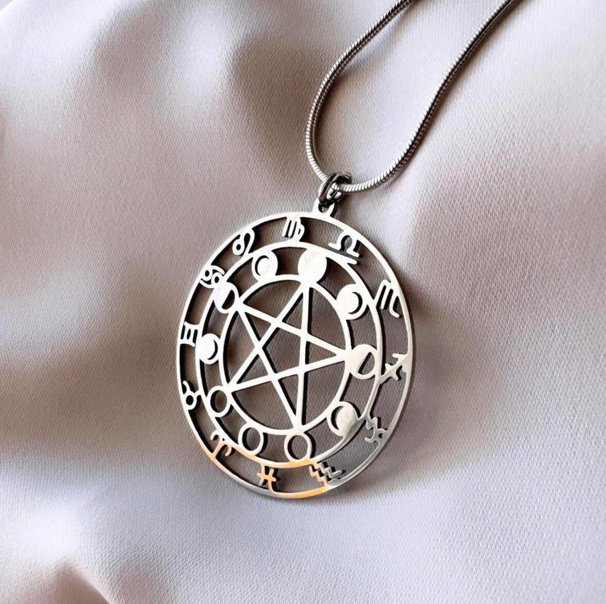 Silver Moon Phase Necklace, Zodiac Signs Necklace, Silver Pentagram Pendant, Astrology Necklace, Witchy Necklace, Silver Moon Necklace