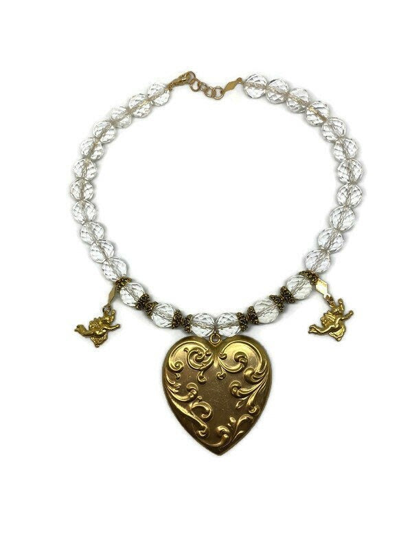 Baroque Heart Necklace, Statement Heart Necklace, Art Nouveau Heart Pendant, Chunky Bead Necklace Women, Cherub Necklace, Clear Necklace