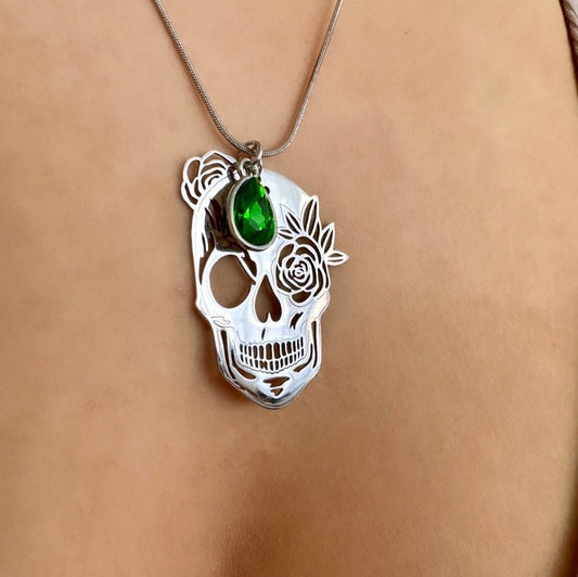 Silver Skull Pendant Necklace, Sugar Skull Necklace, Birth Stone Necklace, Skeleton Pendant, Skeleton Necklace, Custom Birthday Gift For Her