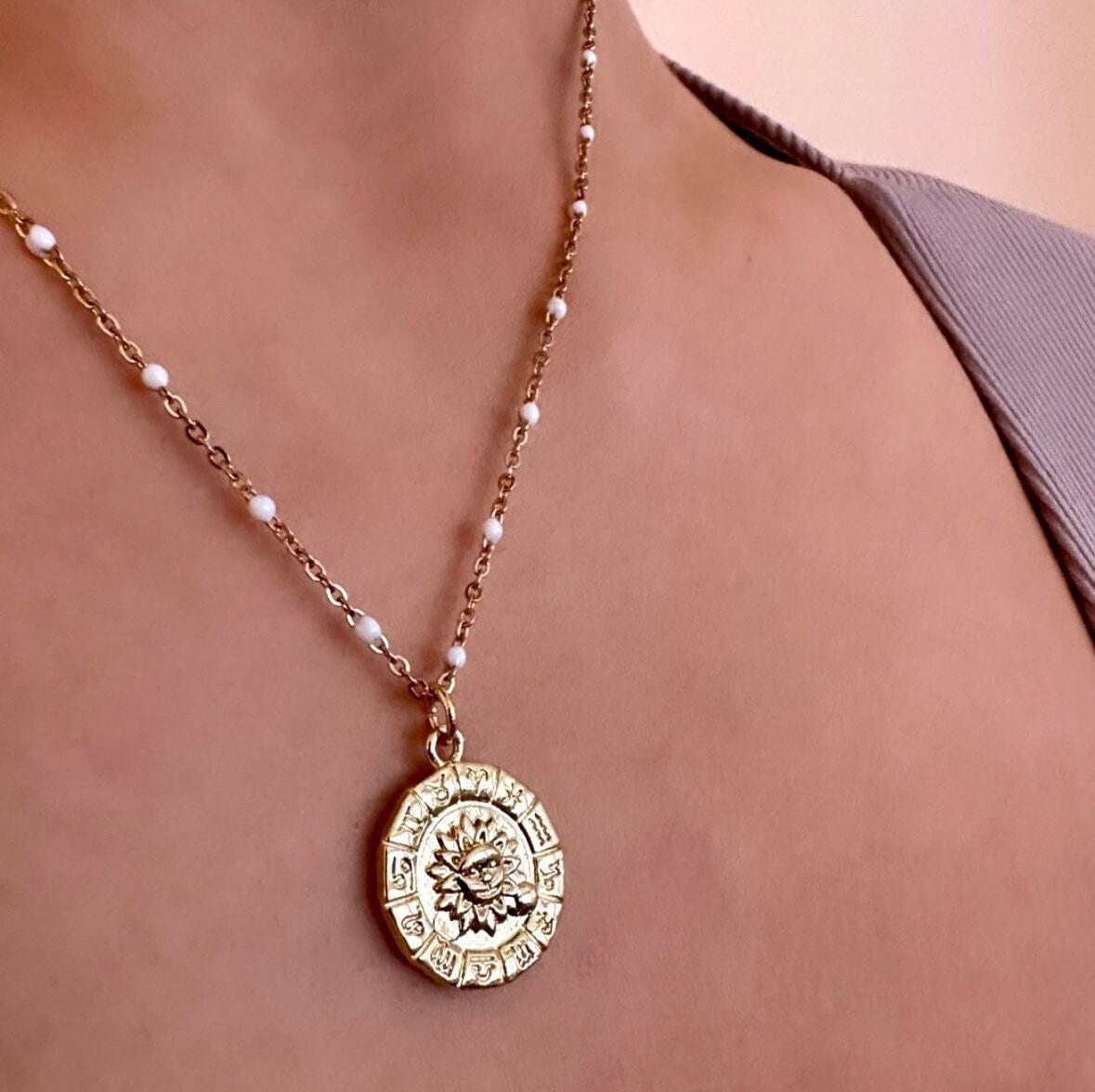 Sun Medallion Necklace, Zodiac Wheel Necklace, Gold Sun Necklace Dainty, Zodiac Medallion Necklace, Celestial Necklace Gold, Tiny Bead Chain