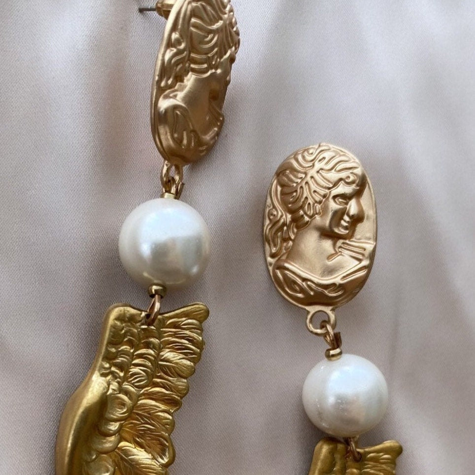 Gold Angel Wing Earrings, Byzantine Earrings, Ancient Rome Earrings, Large Pearl Drop Earrings, Chunky Gold Earrings, Gold Pearl Earrings