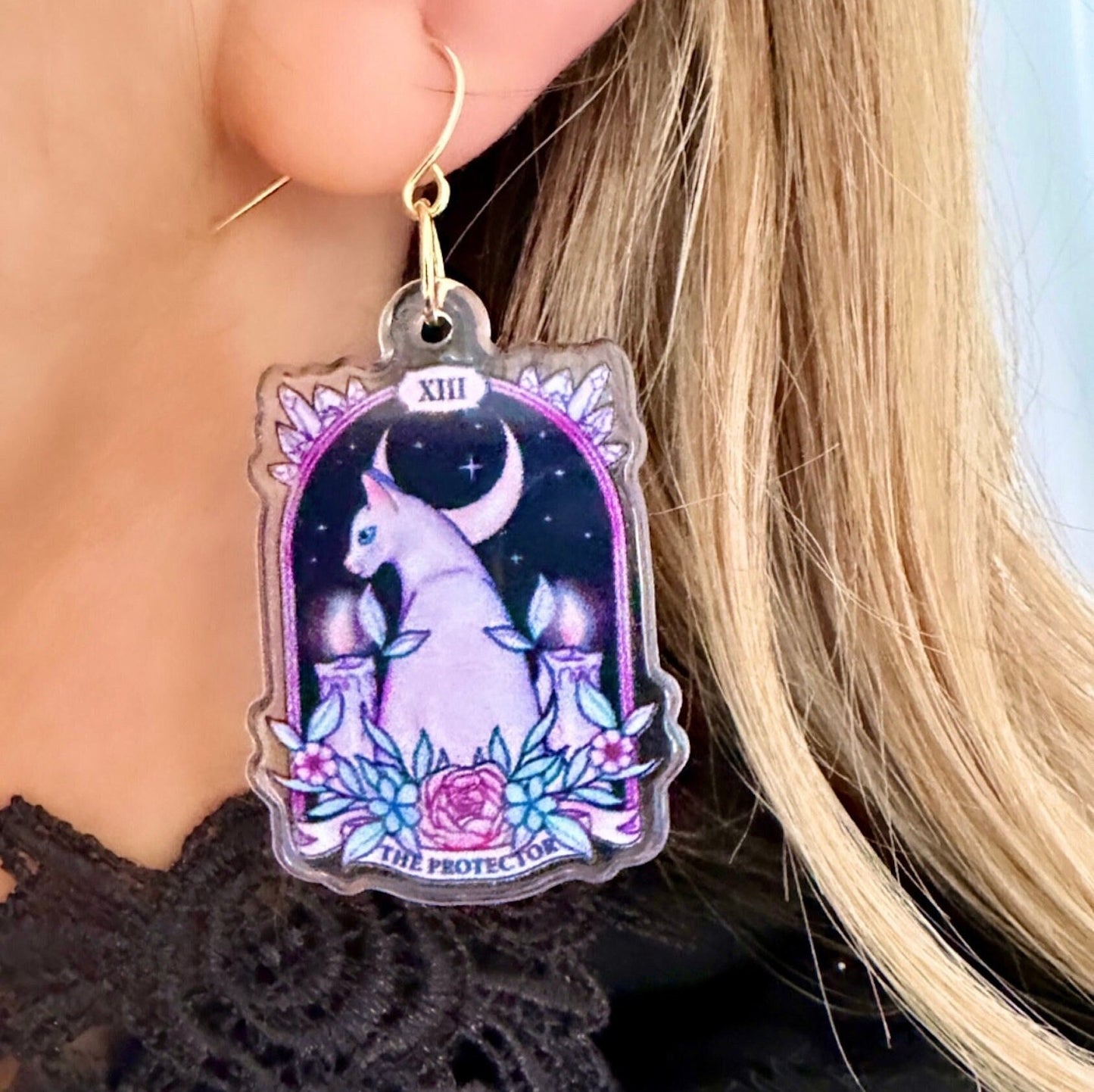 Cat Moon Earrings, Tarot Card Earrings, Celestial Cat Earrings, Tarot Earrings Moon, Cat Tarot Earrings, White Cat Earrings Moon Cat Earring