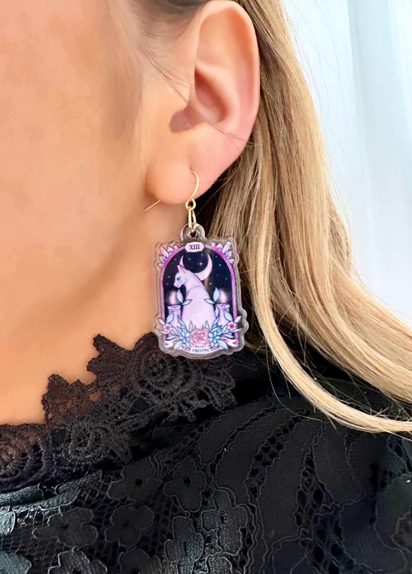 Cat Moon Earrings, Tarot Card Earrings, Celestial Cat Earrings, Tarot Earrings Moon, Cat Tarot Earrings, White Cat Earrings Moon Cat Earring