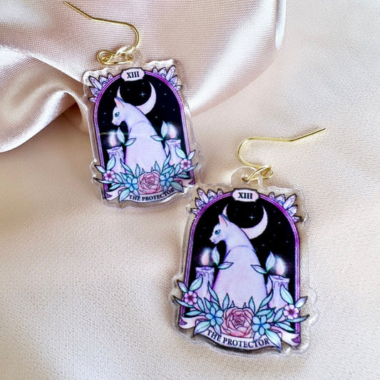 Cat Moon Earrings, Tarot Card Earrings, Celestial Cat Earrings, Tarot Earrings Moon, Cat Tarot Earrings, White Cat Earrings Moon Cat Earring