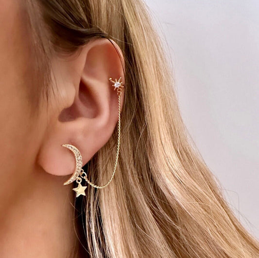 Gold Moon Earrings, Moon Crescent Earrings, Moon Ear Cuff, Chain Ear Climber, Celestial Ear Cuff, Tiny Chain Earring, Summer Ear Cuffs