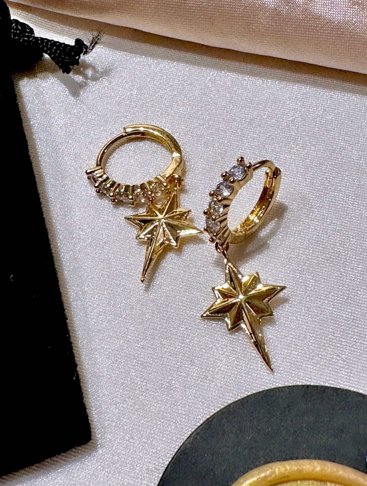 North Star Earrings, Gold Star Hoop Earrings, Celestial Hoops, 18K Gold Huggie Hoop, Northern Star Earring, Cz Gold Earrings