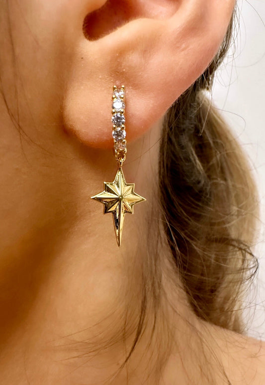 North Star Earrings, Gold Star Hoop Earrings, Celestial Hoops, 18K Gold Huggie Hoop, Northern Star Earring, Cz Gold Earrings