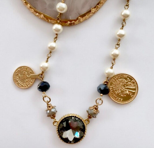 Gold Coin Pearl Necklace, Ancient Roman Coin Pendant, Ancient Roman Jewelry, Boho Pearl Necklace, Black Rhinestone Pendant Necklace