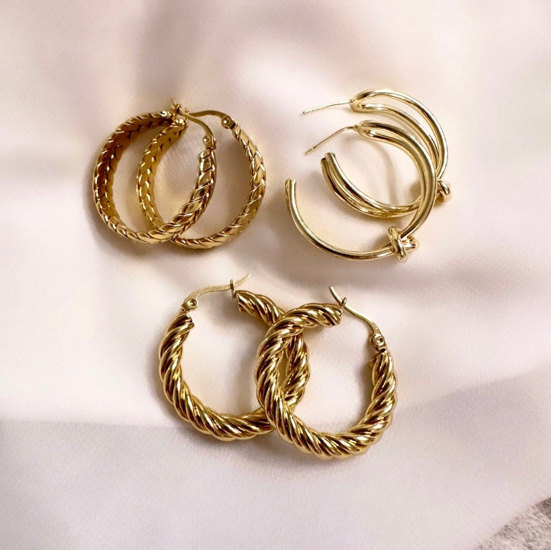 Gold Hoop Earring Set, Twist Gold Hoop Earrings, Set Of 3 Hoops, Tarnish Free Earrings, Everyday Hoop Earrings, Set Of Gold Hoop Earrings