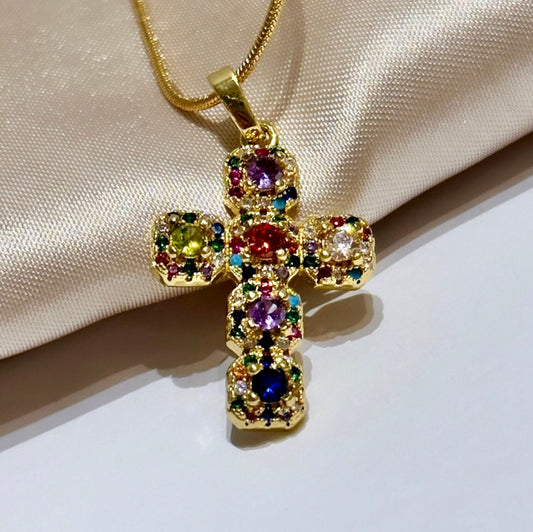 18K Gold Cross Necklace, Renaissance Cross Necklace, Multicolor Pendant Necklace, Gold Filled Cross Necklace For Women, Medieval Cross