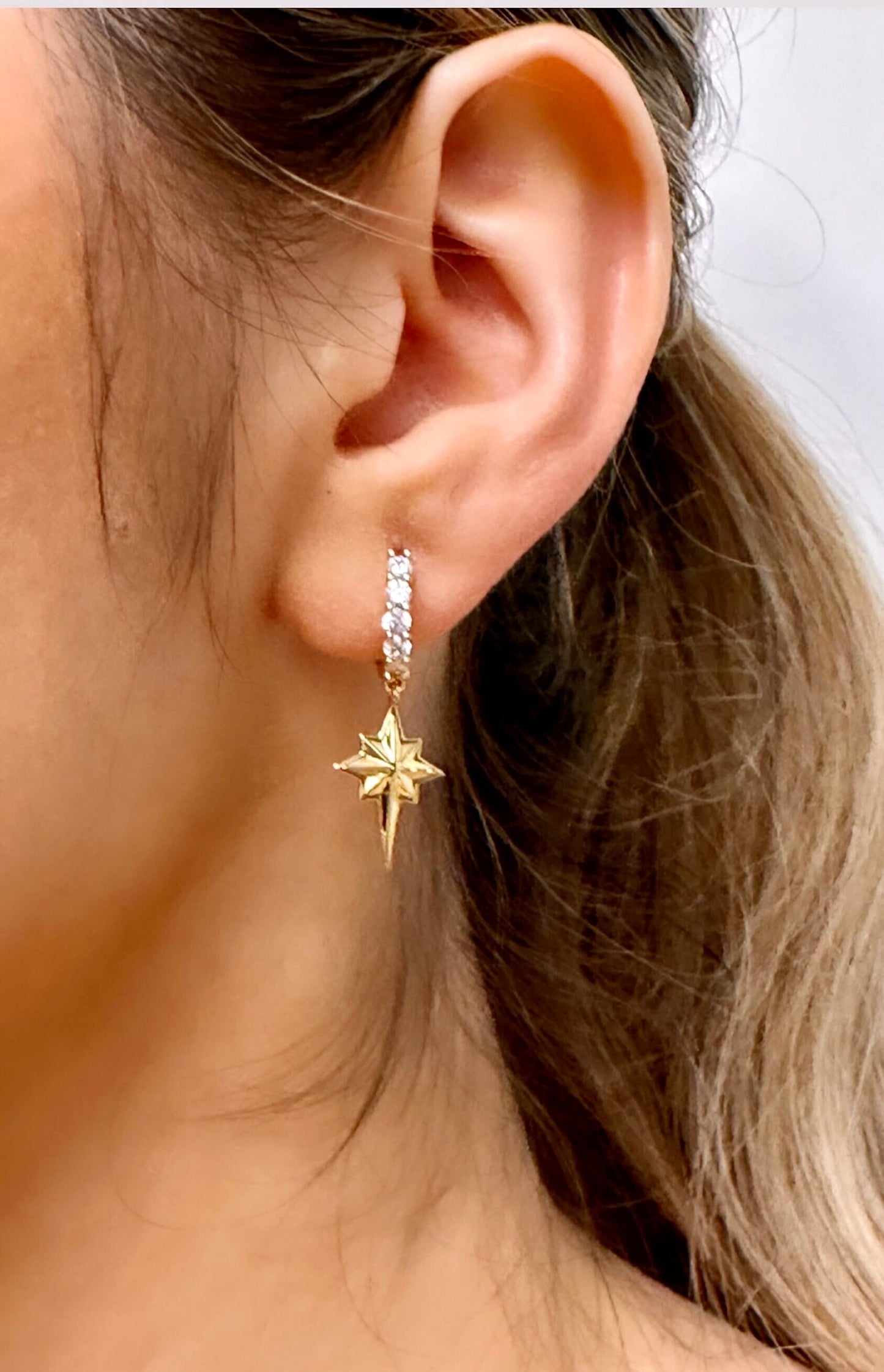 North Star Earrings, Gold Star Hoop Earrings, Celestial Hoops, 18K Gold Huggie Hoop, Northern Star Earring, Cz Gold Earrings