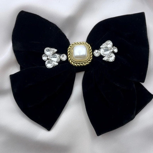 Black Velvet Bow Barrette, Rhinestone Bow Barrette, Black Velvet Bow Clip, Black Bow Clip, Vintage Bow Clip, Black Bow Hair, Christmas Bow