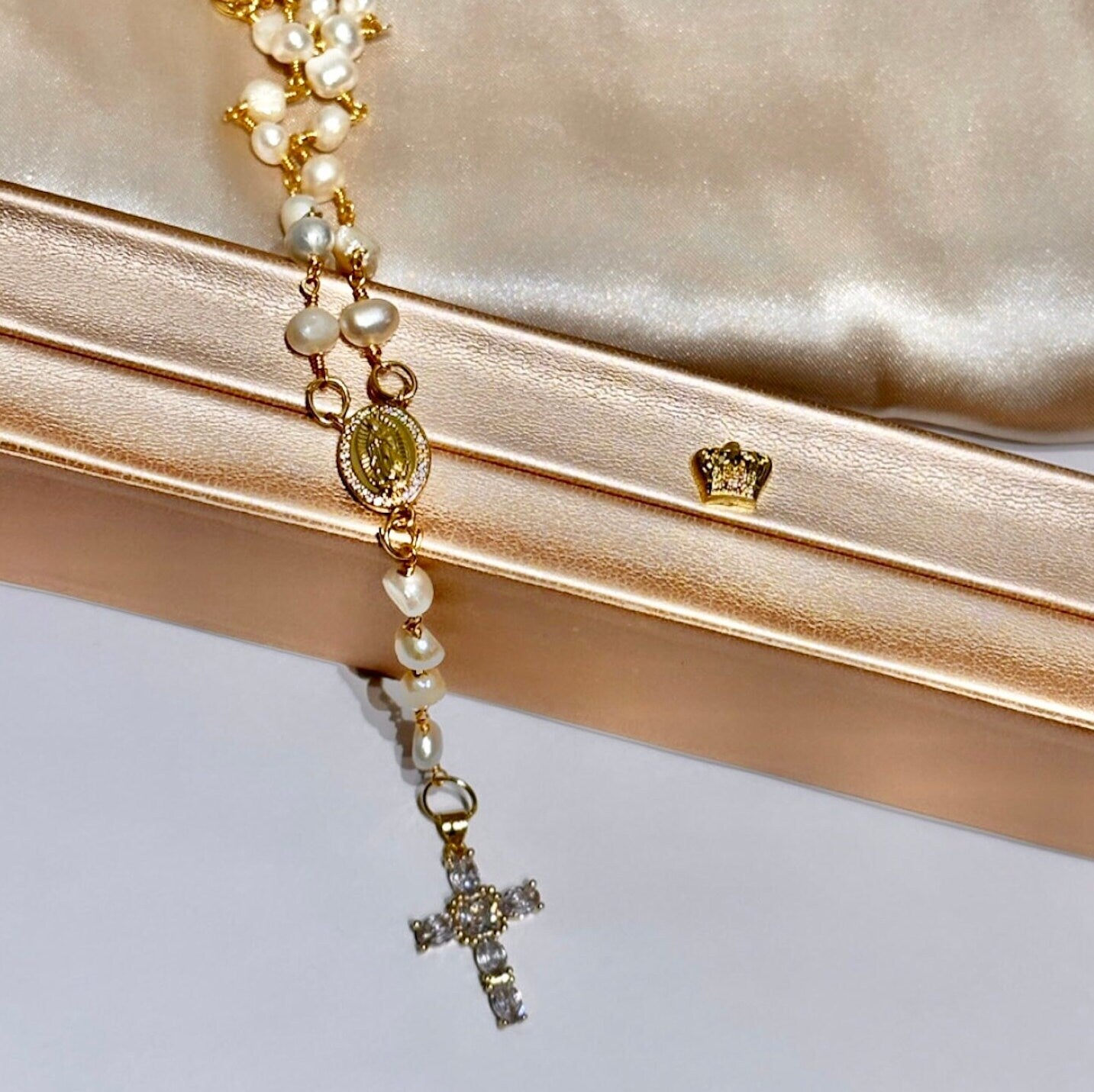 Real Pearl Rosary, Gold Filled Rosary Necklace, Gold Cz Cross Pendant, 18K Gold Rosary Necklace, Gold Cross Rosary, Freshwater Pearl Rosary