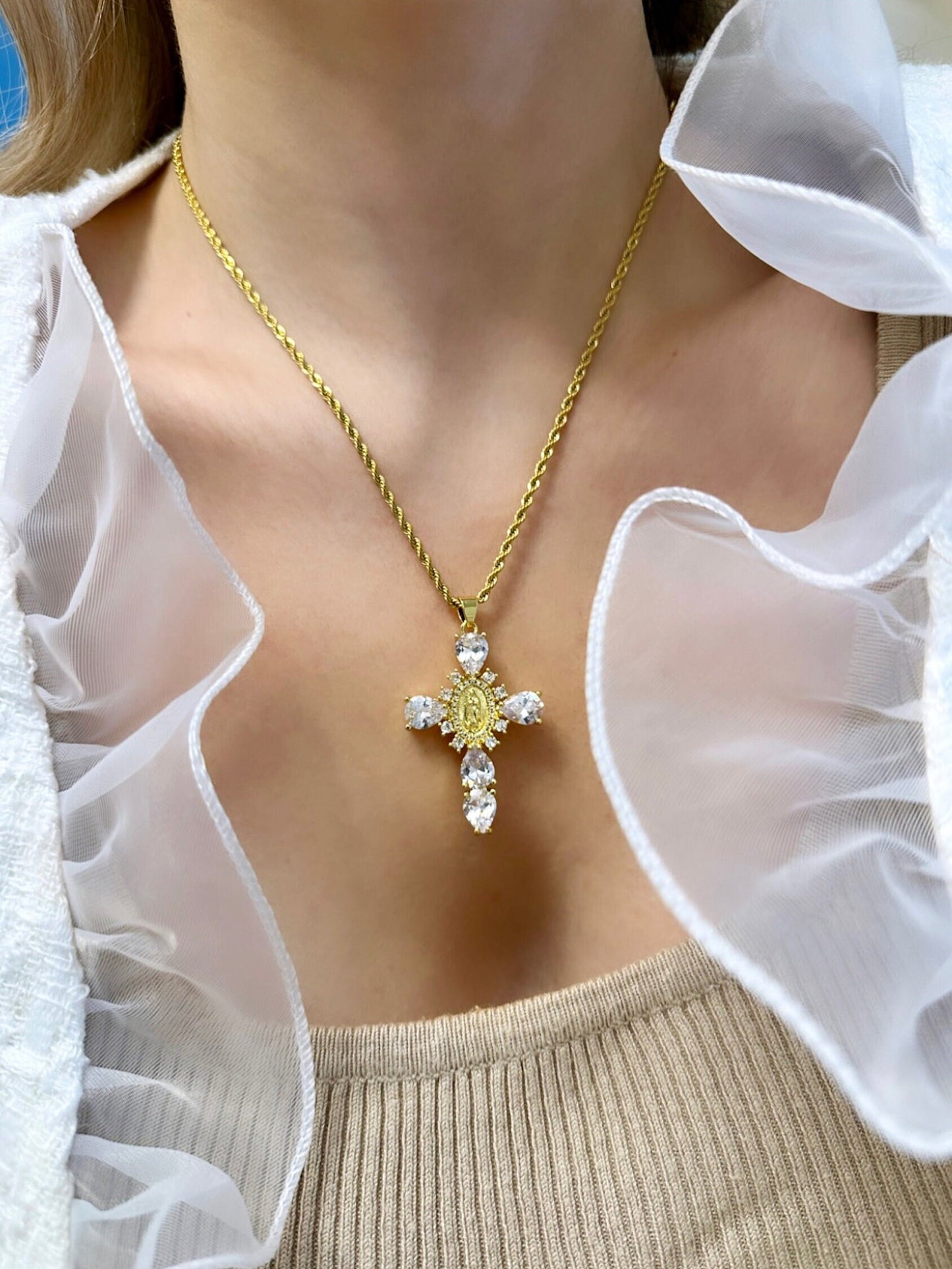 Rope Chain Cross Necklace, Renaissance Cross Necklace, 18K Gold Cross Necklace, Virgin Mary Cross Pendant Necklace, Medieval Cross Pendant