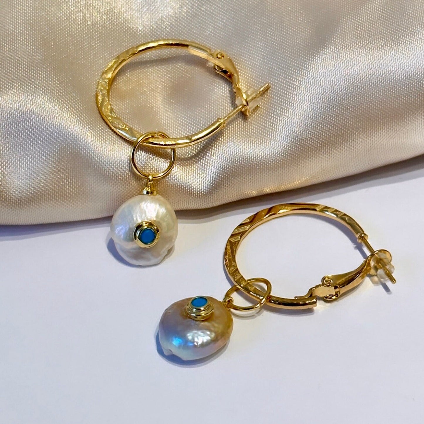 Evil Eye Pearl Earrings, Evil Eye Hoop Earrings, Freshwater Pearl Hoop Earrings, Gold Plated Hoop Earrings, Non Tarnish Gold Hoops