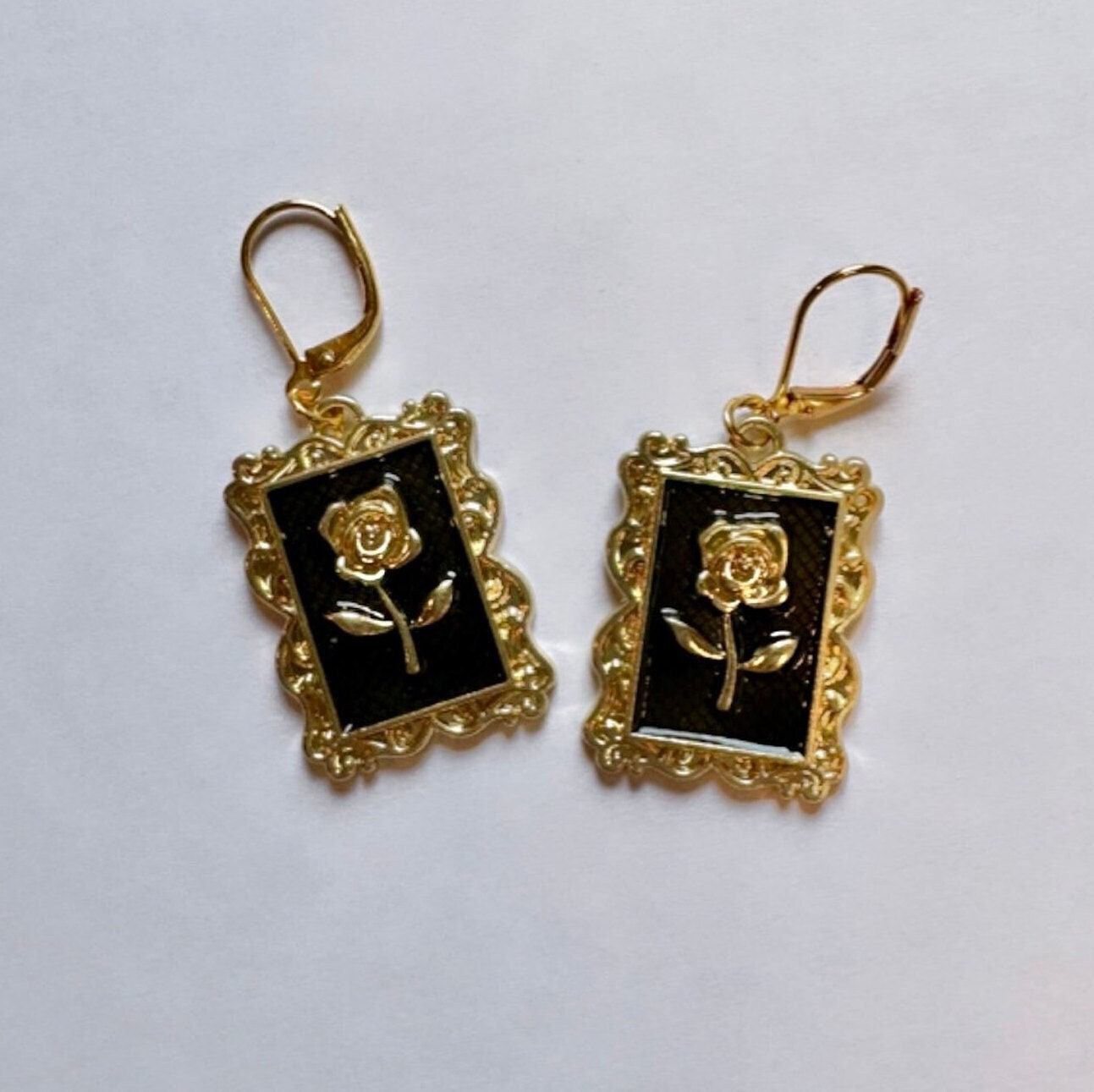 Black Rose Earrings, Gold Rose Dangle Earrings, Gold Frame Earrings, Rose Flower Earrings, Vintage Flower Earrings, Renaissance Earrings