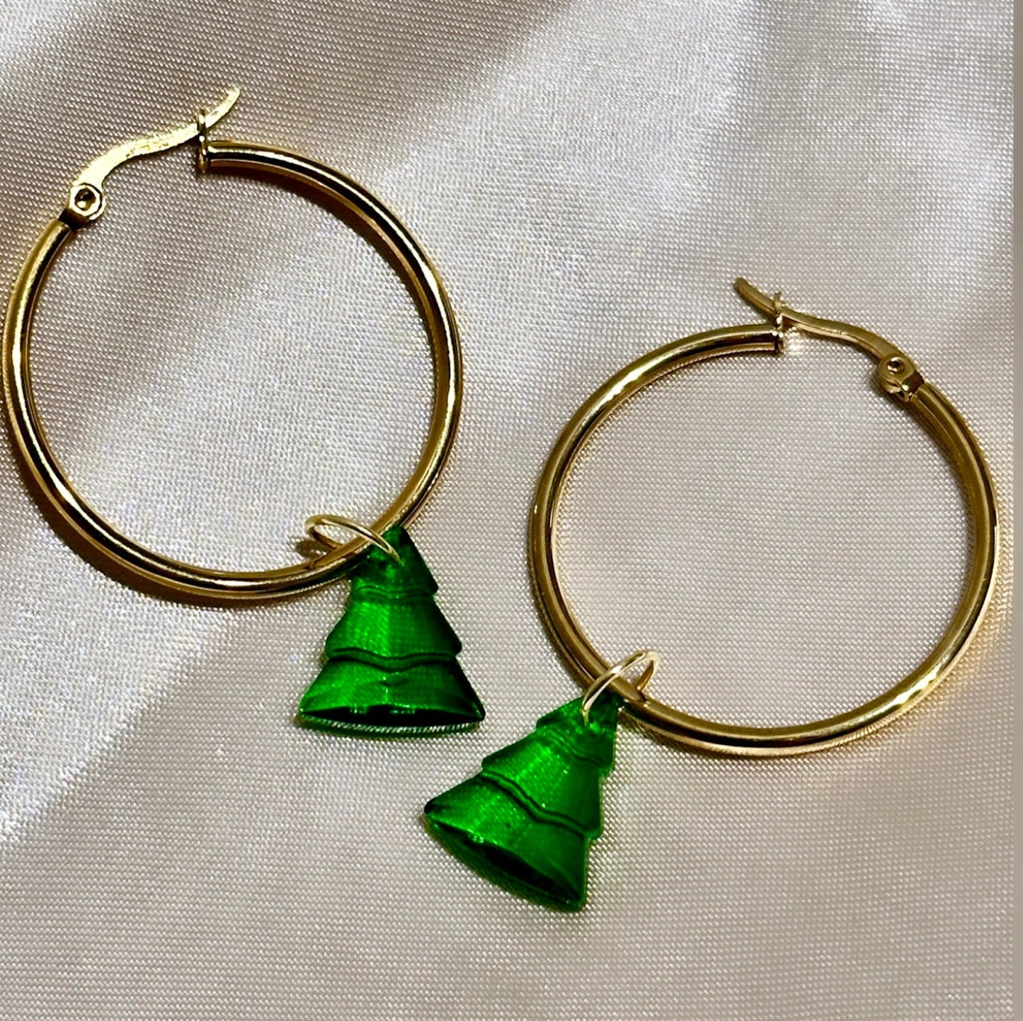 Christmas Tree Earrings, Christmas Tree Hoops, Green Christmas Tree Earrings, Christmas Tree Earrings Dangle, 18K Gold Filled Hoop