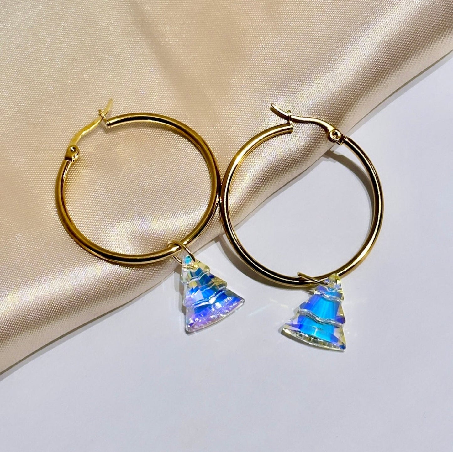 Aurora Borealis Christmas Tree Earrings, Christmas Tree Hoops, Christmas Tree Earrings Dangle, 18K Gold Hoops, Hoops